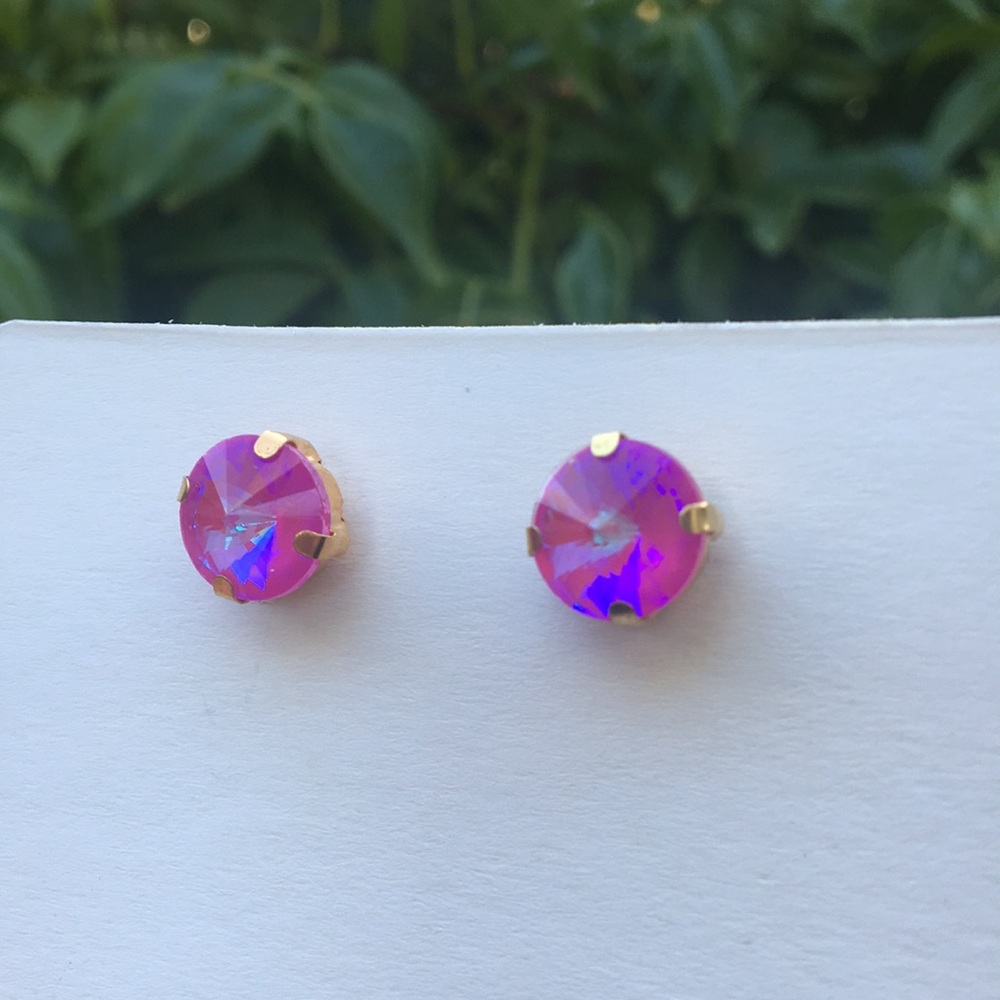 Fuchsia Hot Pink Aurora Borealis + Gold Rivoli Crystal Earrings - Picture 12 of 13